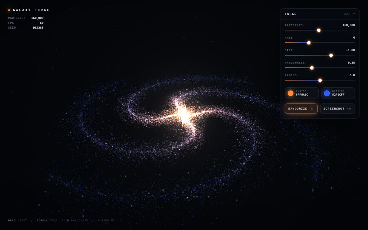 Galaxy Forge: a glowing spiral galaxy made of particles, with a control panel on the right