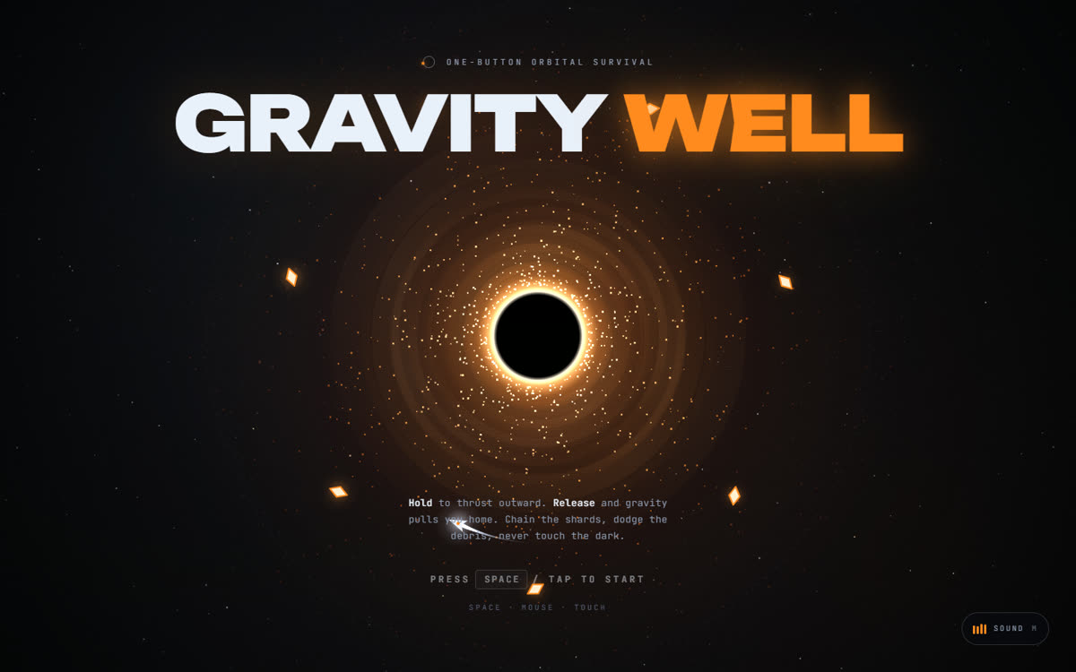 Gravity Well: a black hole with a glowing accretion disk and orange energy shards