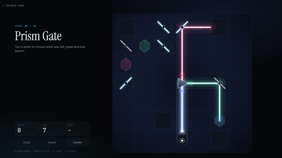 Lumen Shift: a glowing laser beam bouncing off mirrors across a dark puzzle grid towards coloured crystals
