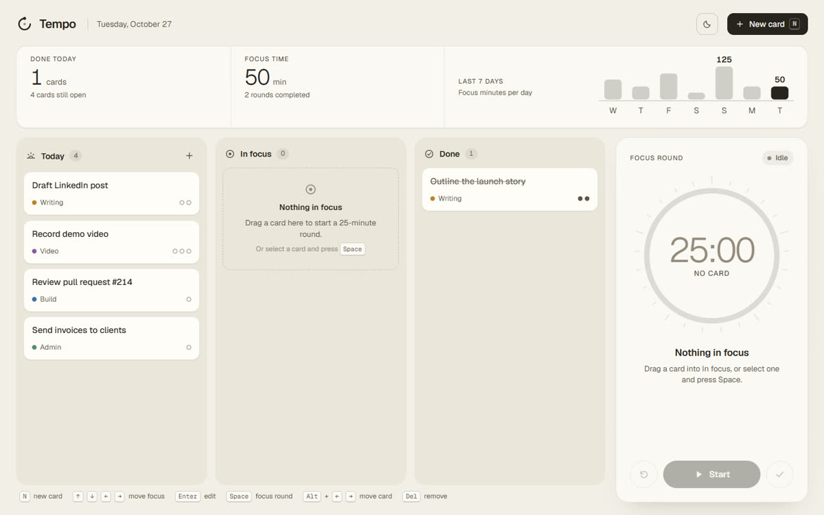 Tempo: a kanban focus board with a 25-minute timer ring